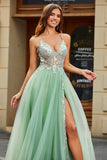 Light Green A Line V Neck Tulle Long Beaded Prom Dress With Slit