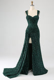 Sparkly Dark Green Sheath Sequin Prom Dress with Side Cape