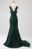 Sparkly Dark Green Sheath Sequin Prom Dress with Side Cape