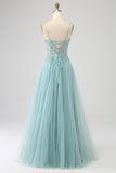 Sparkly Light Green A-Line Sequin Applique Corset Prom Dress With Slit