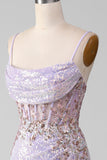 Lilac Sparkly Spaghetti Straps Mermaid Prom Dress with Slit