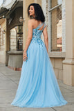 Light Blue A Line One Shoulder Long Corset Prom Dress With Appliques