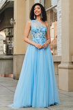 Light Blue A Line One Shoulder Long Corset Prom Dress With Appliques