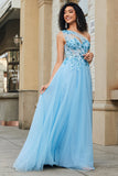 Light Blue A Line One Shoulder Long Corset Prom Dress With Appliques