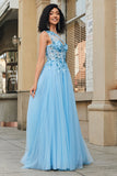 Light Blue A Line One Shoulder Long Corset Prom Dress With Appliques