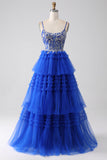 Royal Blue Tiered Prom Dress with Sequins