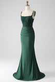 Dark Green Mermaid Spaghetti Straps Long Corset Prom Dress