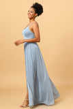 Dusty Blue A-Line Long Chiffon Bridesmaid Dress with Slit