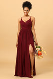 A-Line Chiffon Burgundy Bridesmaid Dress with Slit