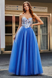 Royal Blue A Line Sweetheart Long Mirrors Corset Prom Dress