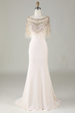 Leely Women Sparkly Champagne Beaded Mermaid Long Prom Dress Boat Neck Formal Dress