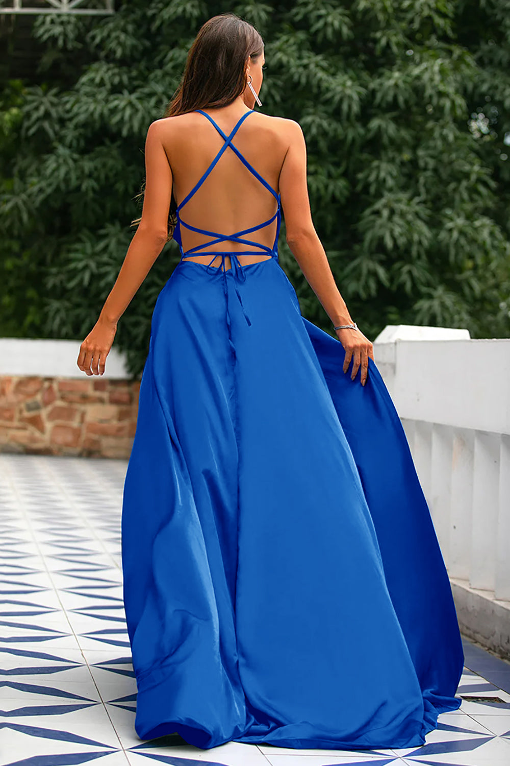 Leely Women Royal Blue Prom Dress A-Line Spaghetti Straps Backless Long Satin Evening Dress with Slit leelyuk Leely Women Royal Blue Prom Dress A-Line Spaghetti Straps Backless Long Satin Evening Dress with Slit leelyuk