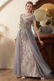 Sparkly Grey A Line Tulle Beaded Mother of Bride Dress