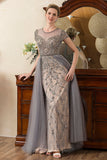Sparkly Grey A Line Tulle Beaded Mother of Bride Dress
