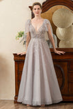 Glitter Grey A Line Backless Beading Mother of Bride Dress