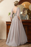Glitter Grey A Line Backless Beading Mother of Bride Dress
