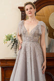 Glitter Grey A Line Backless Beading Mother of Bride Dress