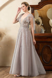 Glitter Grey A Line Backless Beading Mother of Bride Dress