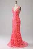 Orange Charming Mermaid Deep V Neck Sparkly Sequin Prom Dress with Embroidery
