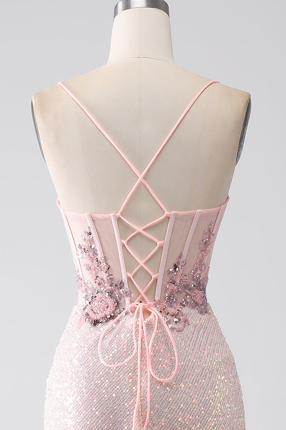 Leely Women Beaded Mermaid Prom Dress with Slit Glitter Pink Spaghetti ...