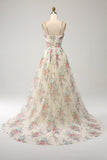 A-Line Flower Printed Ivory Prom Dress with Slit