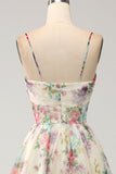 A-Line Flower Printed Ivory Prom Dress with Slit