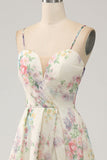 A-Line Flower Printed Ivory Prom Dress with Slit