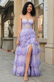 Lavender Princess A Line Sweetheart Long Corset Prom Dress With Tiered Lace