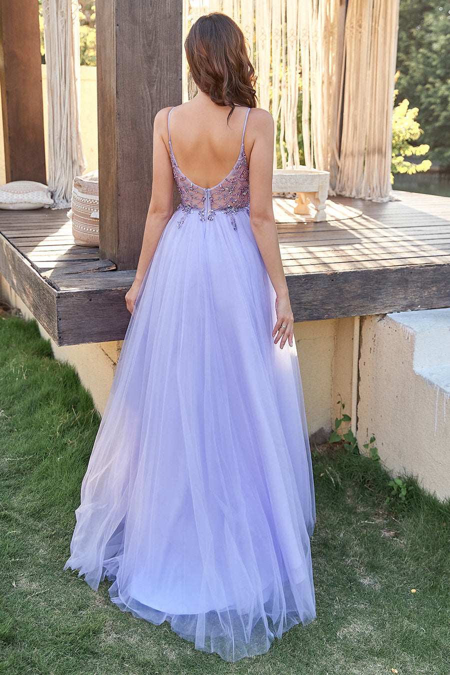 strapless open back dress Lavender Chiffon A Line V Neck Off Shoulder Front Split Long Prom Dresses,  MP265 – Musebridals main image 1