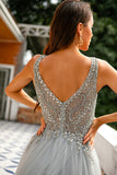 Grey V Neck Beaded Long Prom Dress