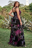 A Line Spaghetti Straps Black Mixed Flower Plus Size Prom Dress