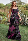 A Line Spaghetti Straps Black Mixed Flower Plus Size Prom Dress