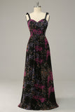 A Line Spaghetti Straps Black Mixed Flower Plus Size Prom Dress