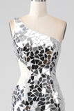 Silver Mirror Sequins One Shoulder Prom Dress with Hollow-out