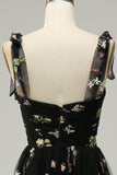 A Line Spaghetti Straps Black Long Prom Dress with Embroidery