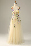 A Line Spaghetti Straps Purple Long Prom Dress with 3D Flowers