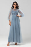 Chic Romantic A Line Jewel Neck Dusty Rose Long Bridesmaid Dress with Long Sleeves