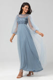 Chic Romantic A Line Jewel Neck Dusty Rose Long Bridesmaid Dress with Long Sleeves