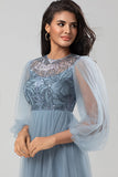 Chic Romantic A Line Jewel Neck Dusty Rose Long Bridesmaid Dress with Long Sleeves