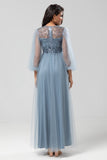 Chic Romantic A Line Jewel Neck Dusty Rose Long Bridesmaid Dress with Long Sleeves