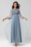 Chic Romantic A Line Jewel Neck Dusty Rose Long Bridesmaid Dress with Long Sleeves