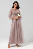 Chic Romantic A Line Jewel Neck Dusty Rose Long Bridesmaid Dress with Long Sleeves