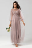 Chic Romantic A Line Jewel Neck Dusty Rose Long Bridesmaid Dress with Long Sleeves