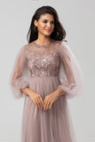 Chic Romantic A Line Jewel Neck Dusty Rose Long Bridesmaid Dress with Long Sleeves