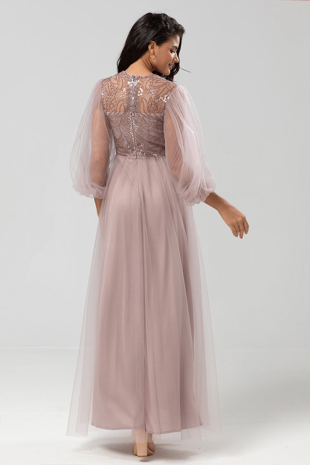 Leely Women Dusty Rose Sequin Bridesmaid Dress A Line Long Sleeves Tulle Wedding Guest Dress leelyuk Leely Women Dusty Rose Sequin Bridesmaid Dress A Line Long Sleeves Tulle Wedding Guest Dress leelyuk