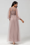 Chic Romantic A Line Jewel Neck Dusty Rose Long Bridesmaid Dress with Long Sleeves