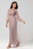 Chic Romantic A Line Jewel Neck Dusty Rose Long Bridesmaid Dress with Long Sleeves