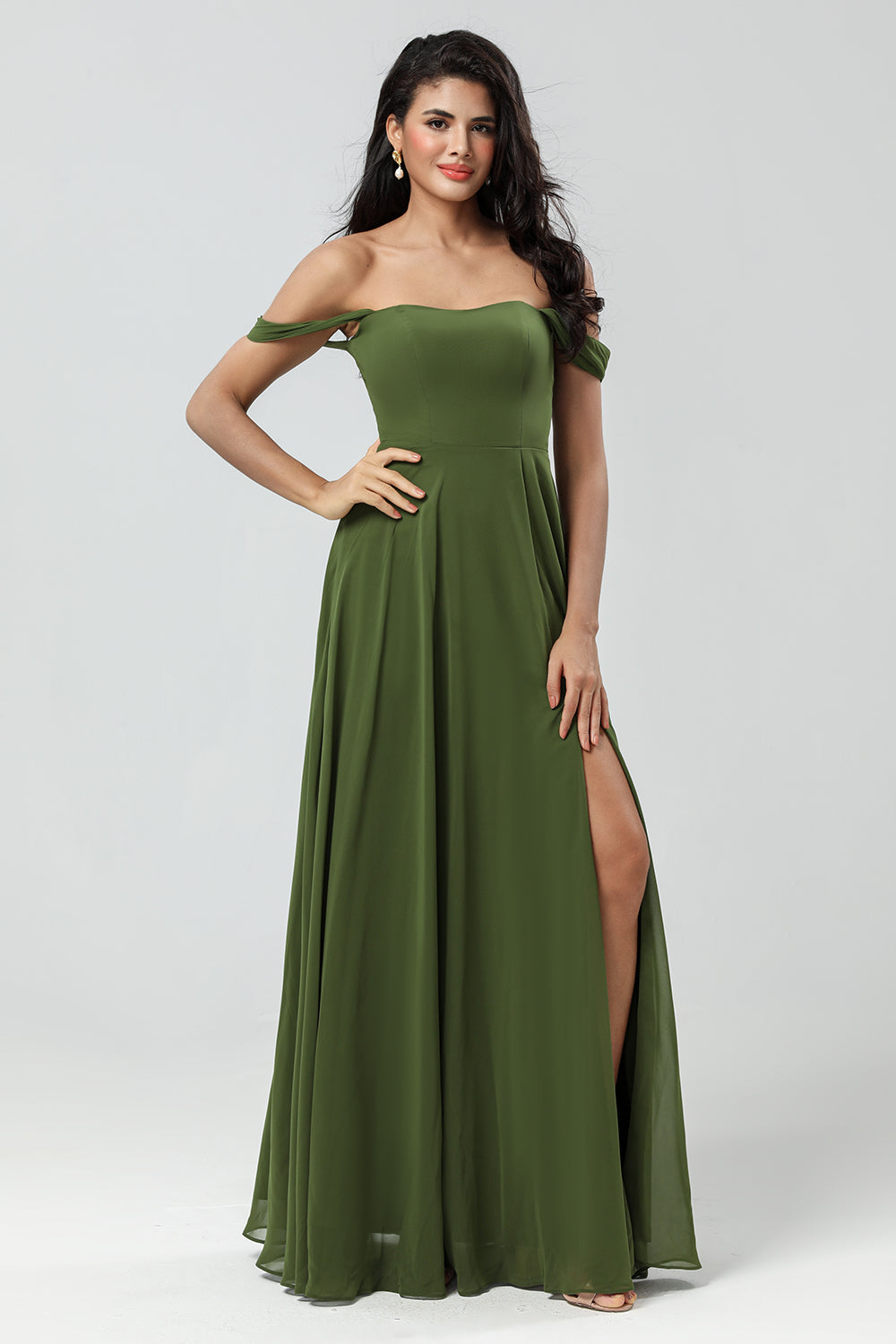 Leely Women Olive Bridesmaid Dress with Slit A-Line Off The Shoulder