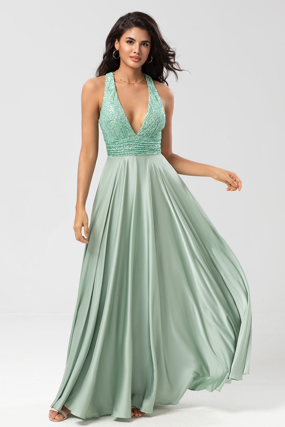 Leely Women Sparkly Matcha Bridesmaid Dress with Sequins A-Line V-Neck Wedding Guest Dress – leelyuk