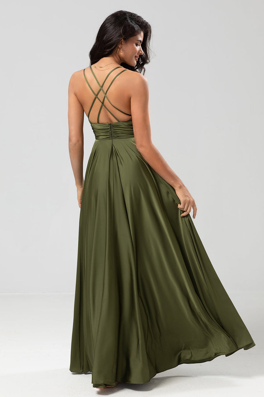 olive green bridesmaid dress uk Olive Green Bridesmaids Dresses Simple Spaghetti Straps Elegant V-Neck Floor Length Stretch Satin Bridesmaid Dress With Slit